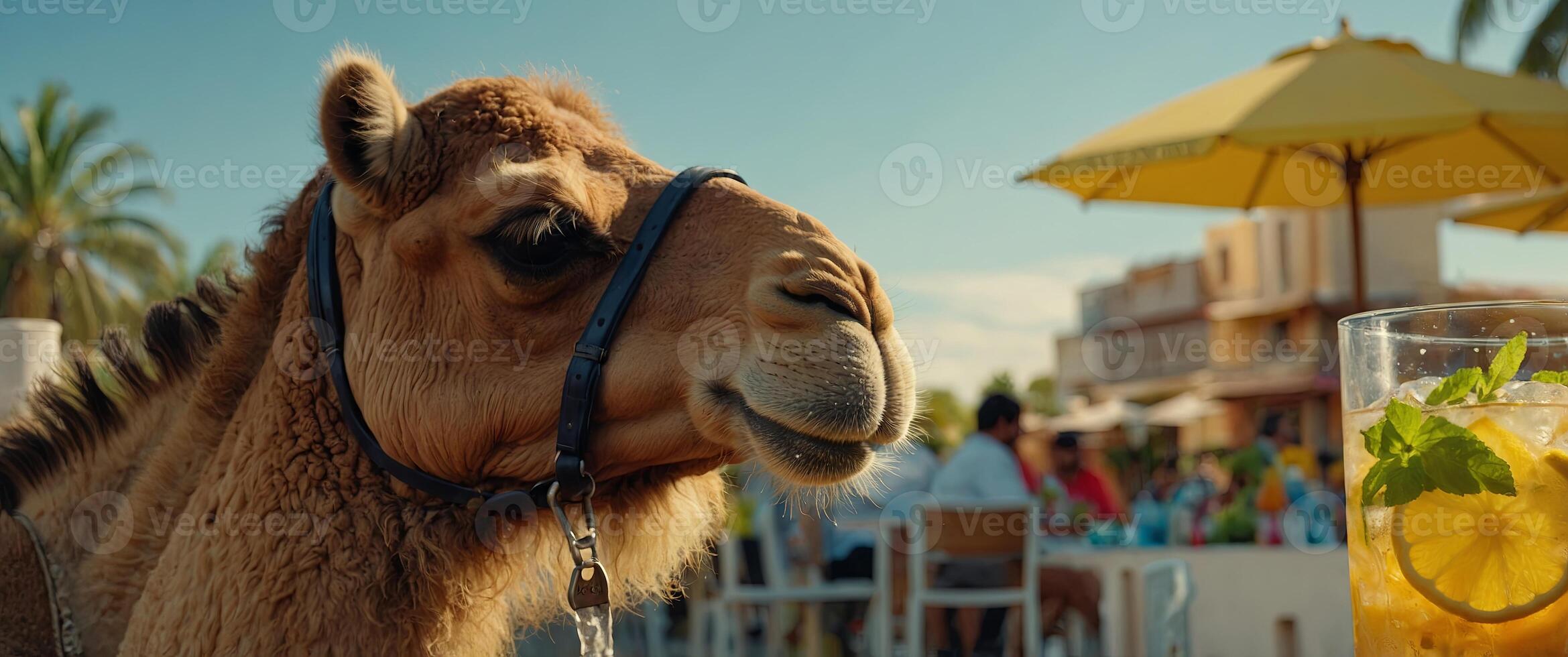Camel with cold lemonade Close-up of an animal drinking mojito and iced tea, creative animal businessman, concept for advertising cafe and summer drinks. photo