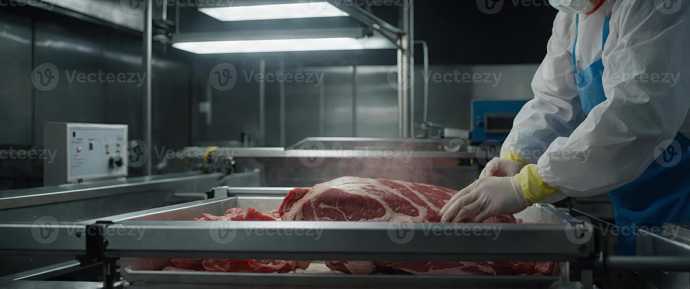 Close up of meat factory worker putting meat into vacuum heat sealing machine for food package. photo
