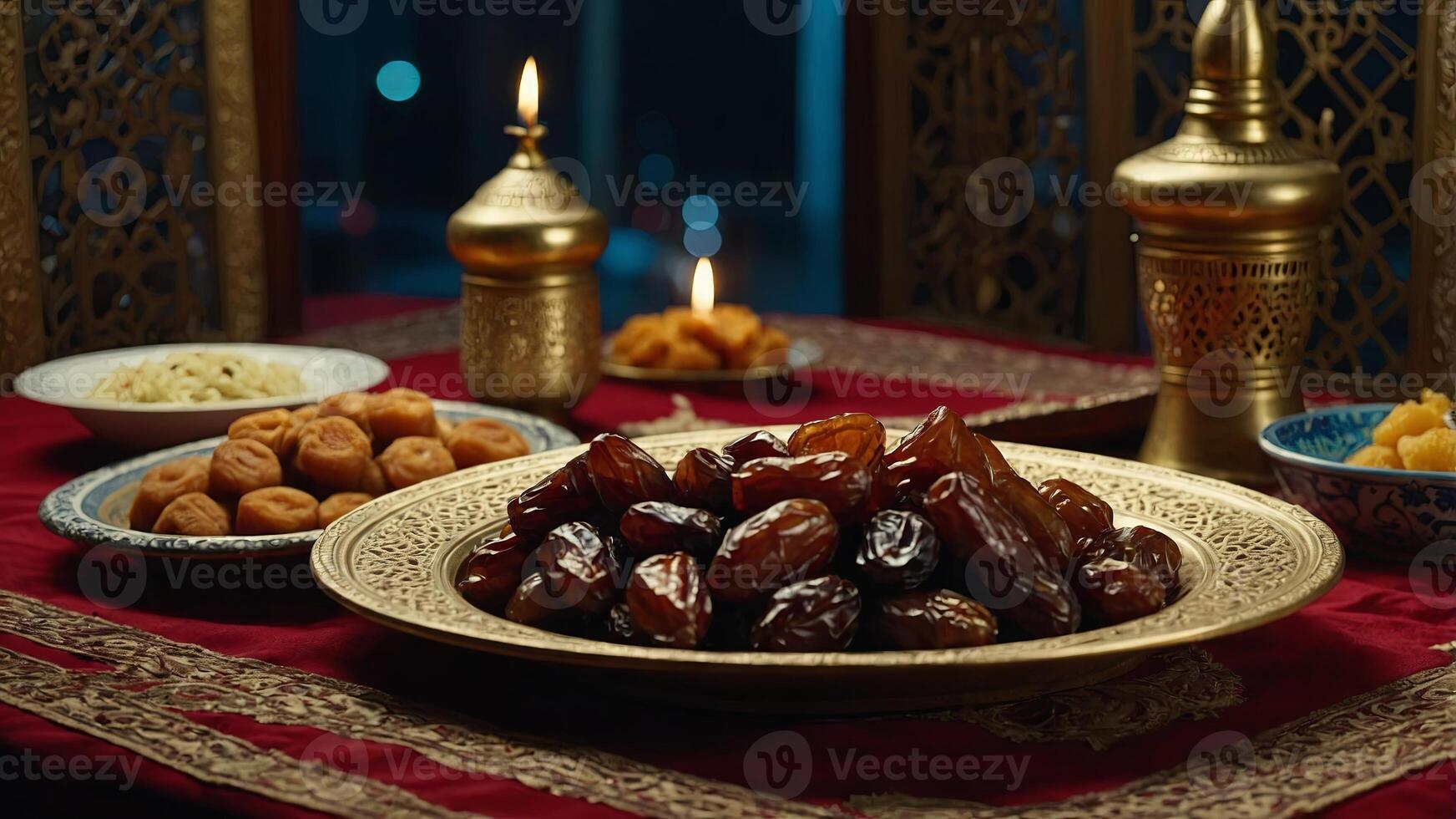 Ramadan iftars marks the end of fasting Table with dates, Oriental food and sweets Eid mubarak Traditional Middle Eastern cuisine, evening meal. photo