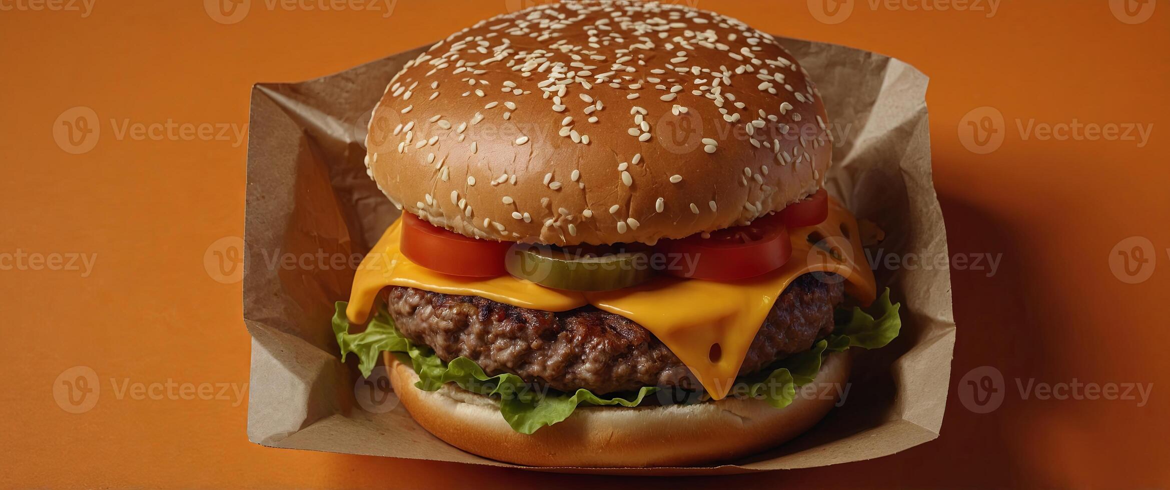 Big burger with cheese in a package on a bright orange background Fast food delivery Top view. photo