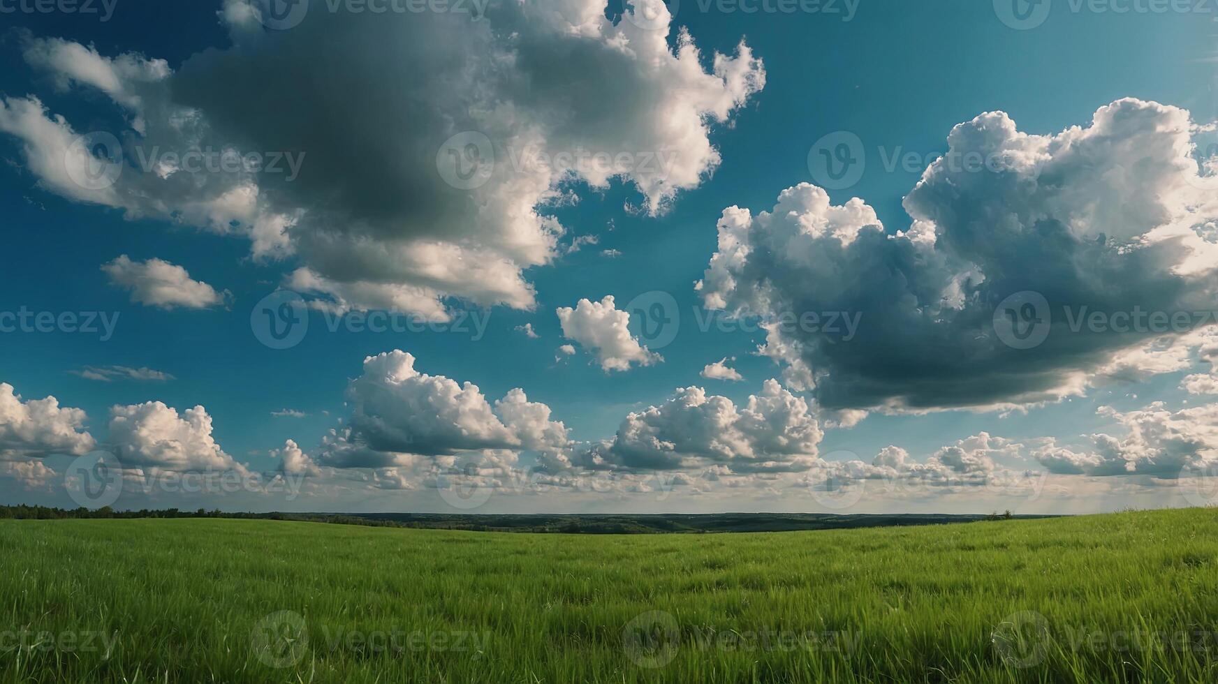 Beautiful natural scenic panorama green field of cut grass into and blue sky with clouds on horizon Perfect green lawn on summer sunny day. photo