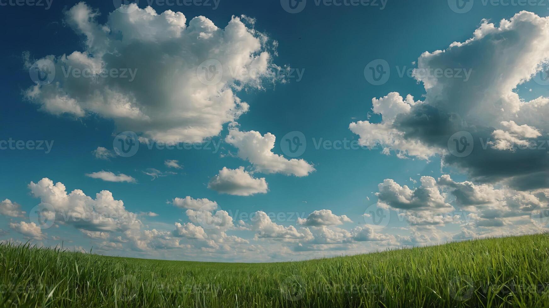 Beautiful natural scenic panorama green field of cut grass into and blue sky with clouds on horizon Perfect green lawn on summer sunny day. photo