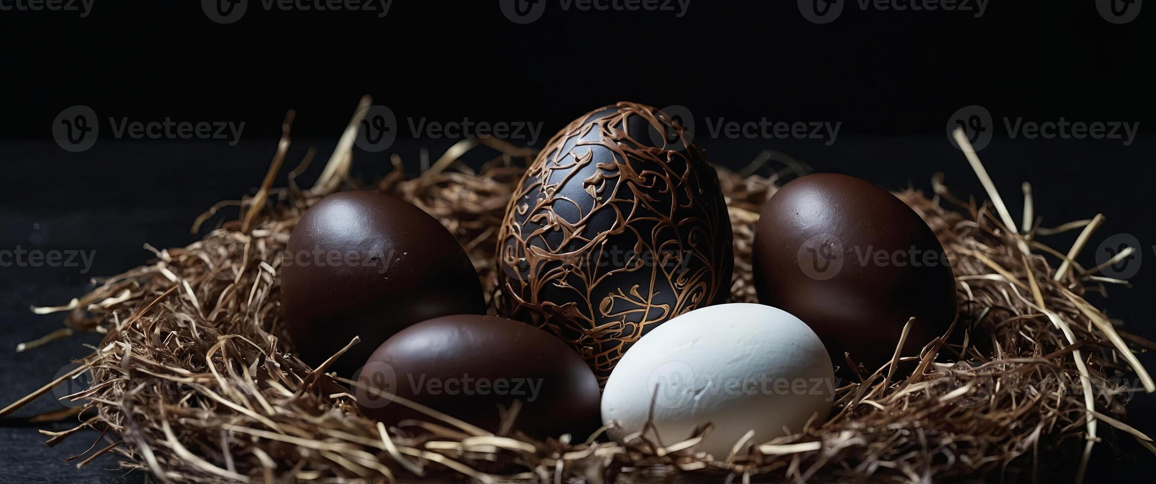 Black Background adorned with a chocolate easter egg in a nest and white easter eggs. photo