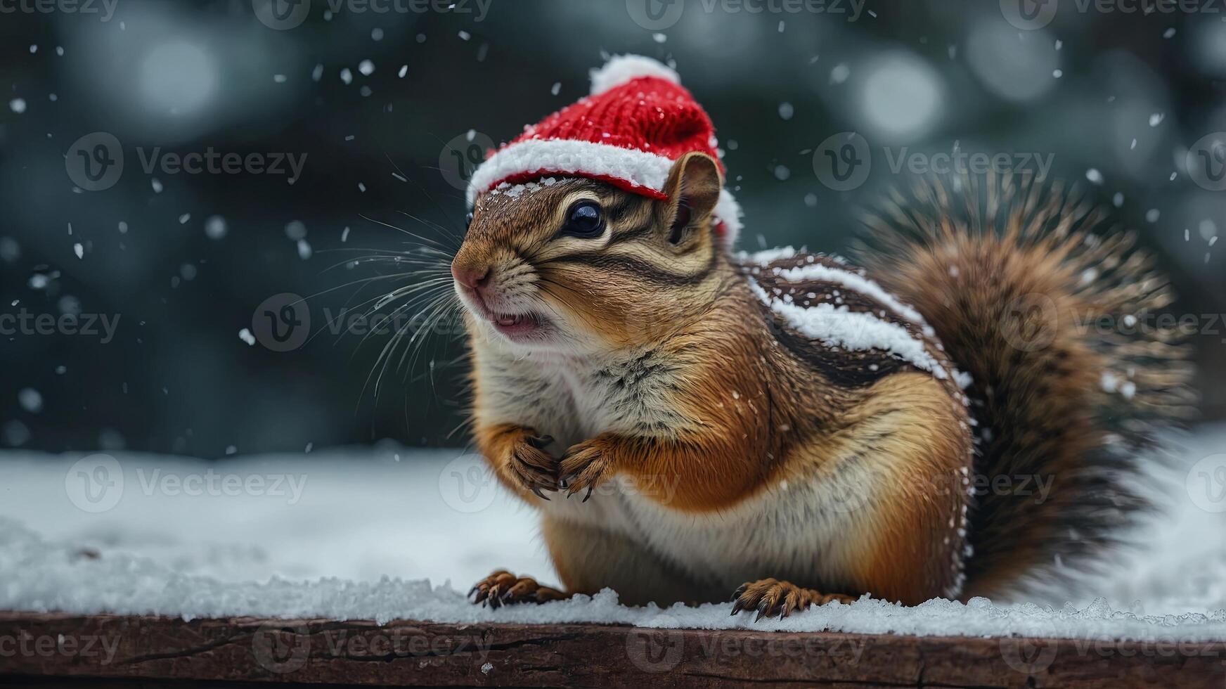 Chipmunk in snow with winter clothes like Santa Claus Christmas style hat and sweater Funny animals in winter. photo