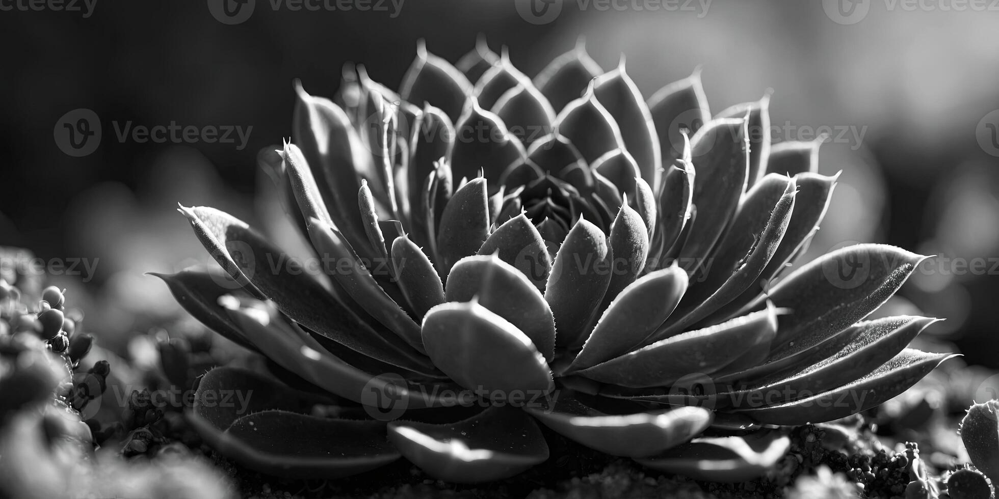 Beautiful closeup of a succulent plant growing in the desert in a black and white monochrome Creative banner Copyspace image. photo