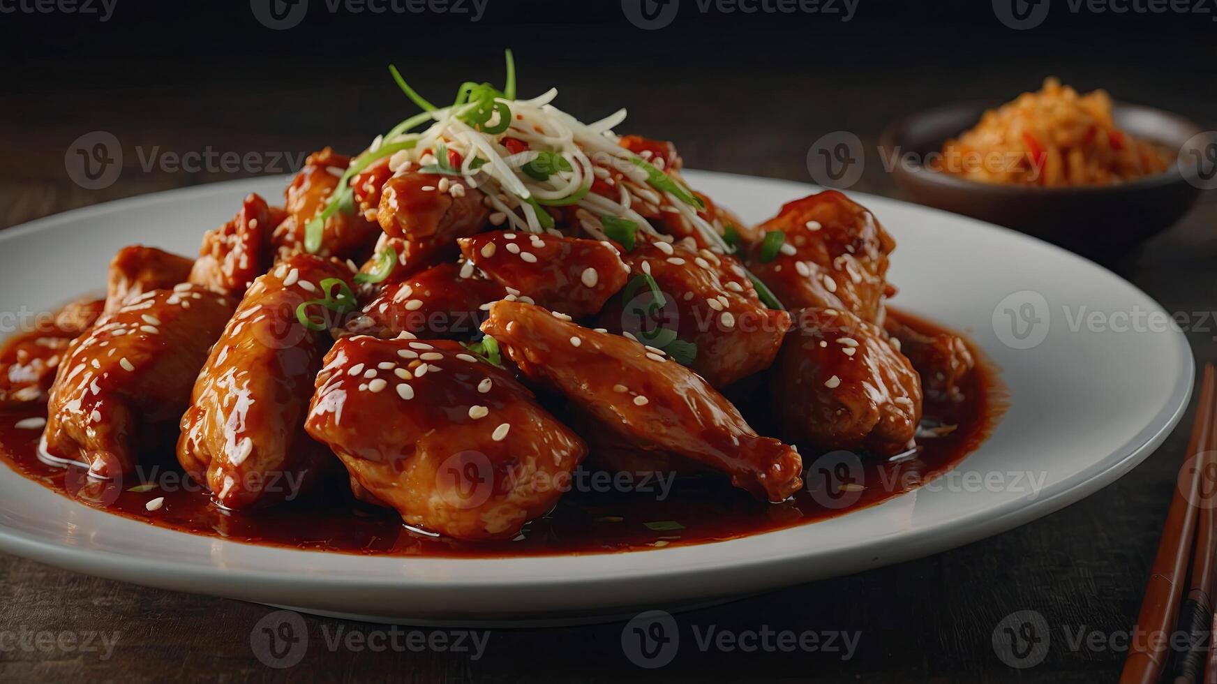 Chinese food chicken in Schezwan sauce close-up on a plate horizontal. photo