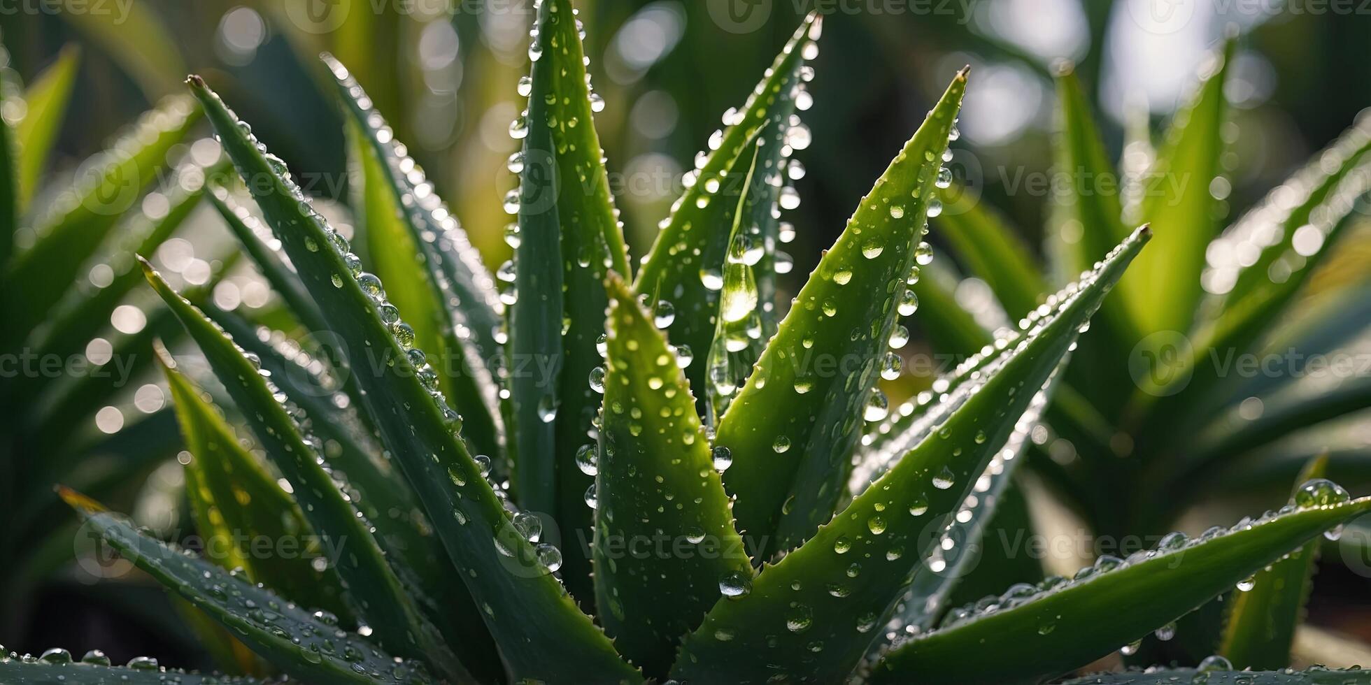 Close up of vibrant aloe vera leaves with dew drops for freshness and green vibrancy. photo