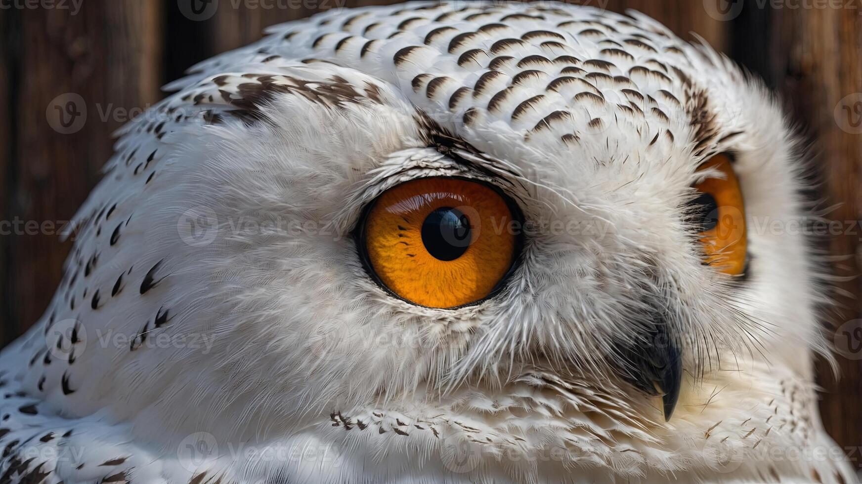 Close up snowy owl eye with wooden background. photo