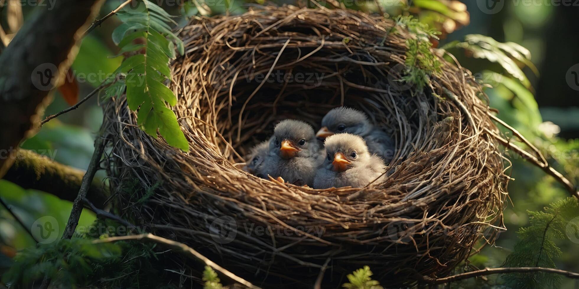 bird babies inside the nest in the forest. photo