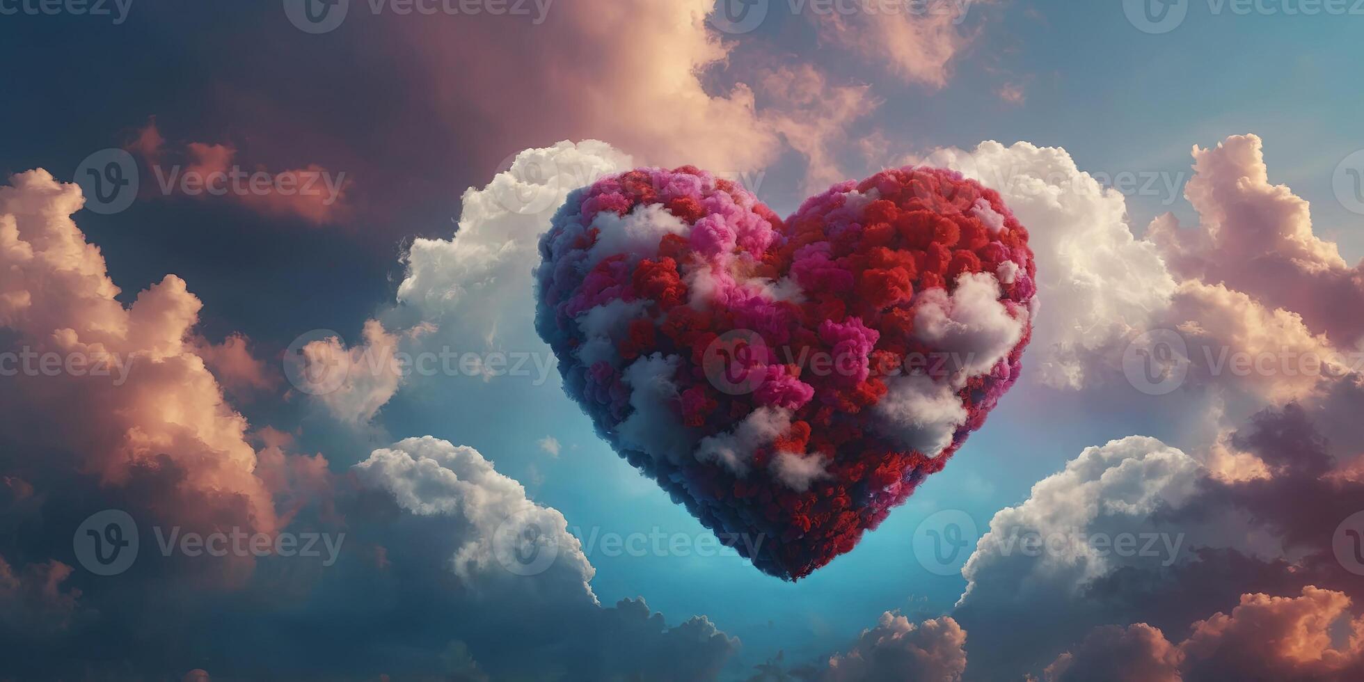 Colorful Valentine's Day A Beautiful Heart Floating Among the Clouds, Creating a Dreamy and Abstract Background for the Celebration of Love. photo