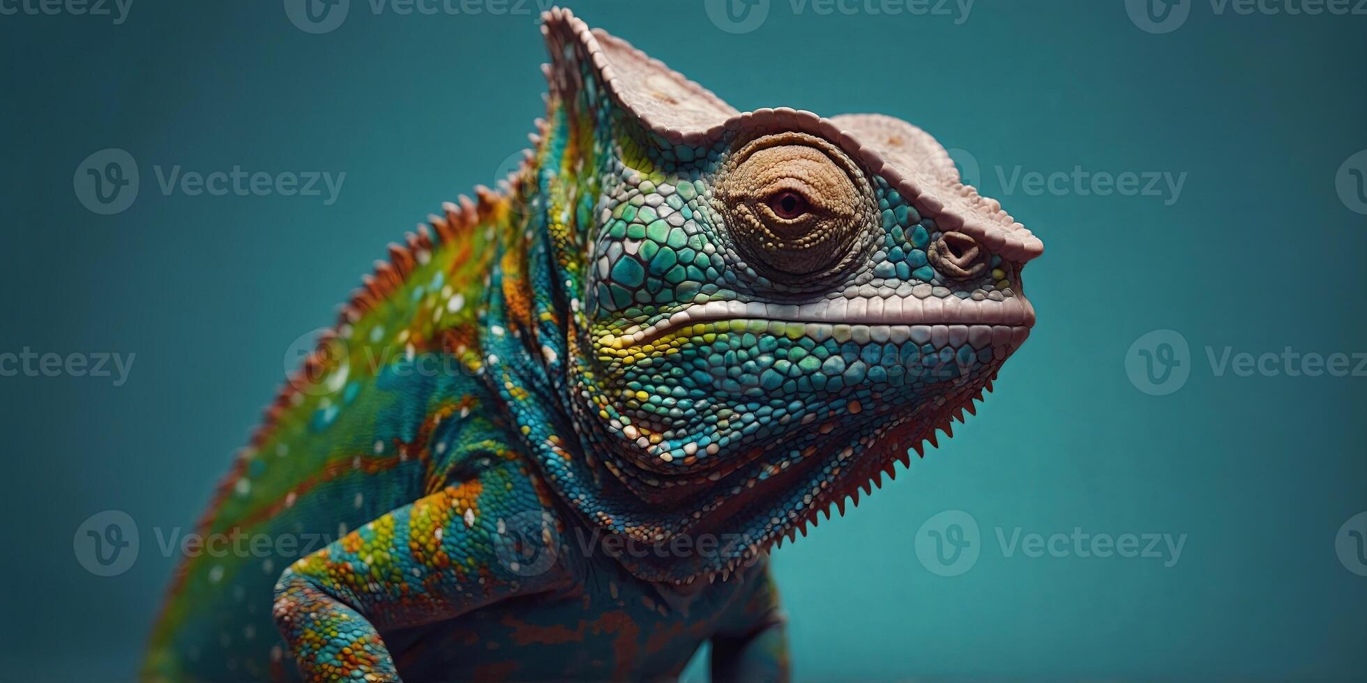A chameleon wearing sunglasses on a solid color background, modern art, digital art, faceted, minimal, abstract, panorama background Stock art. photo