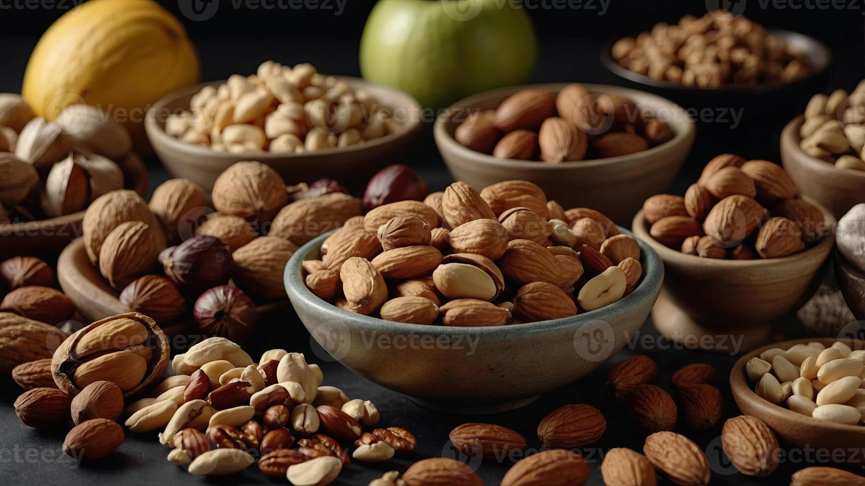 Assorted healthy foods and nuts Copy space. photo