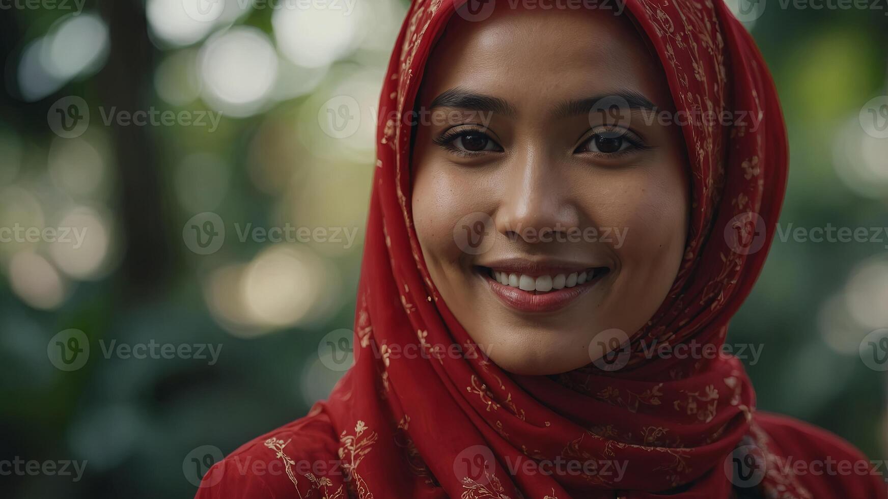 A beautiful Indonesian model smiles softly, wearing a vibrant red hijab. photo