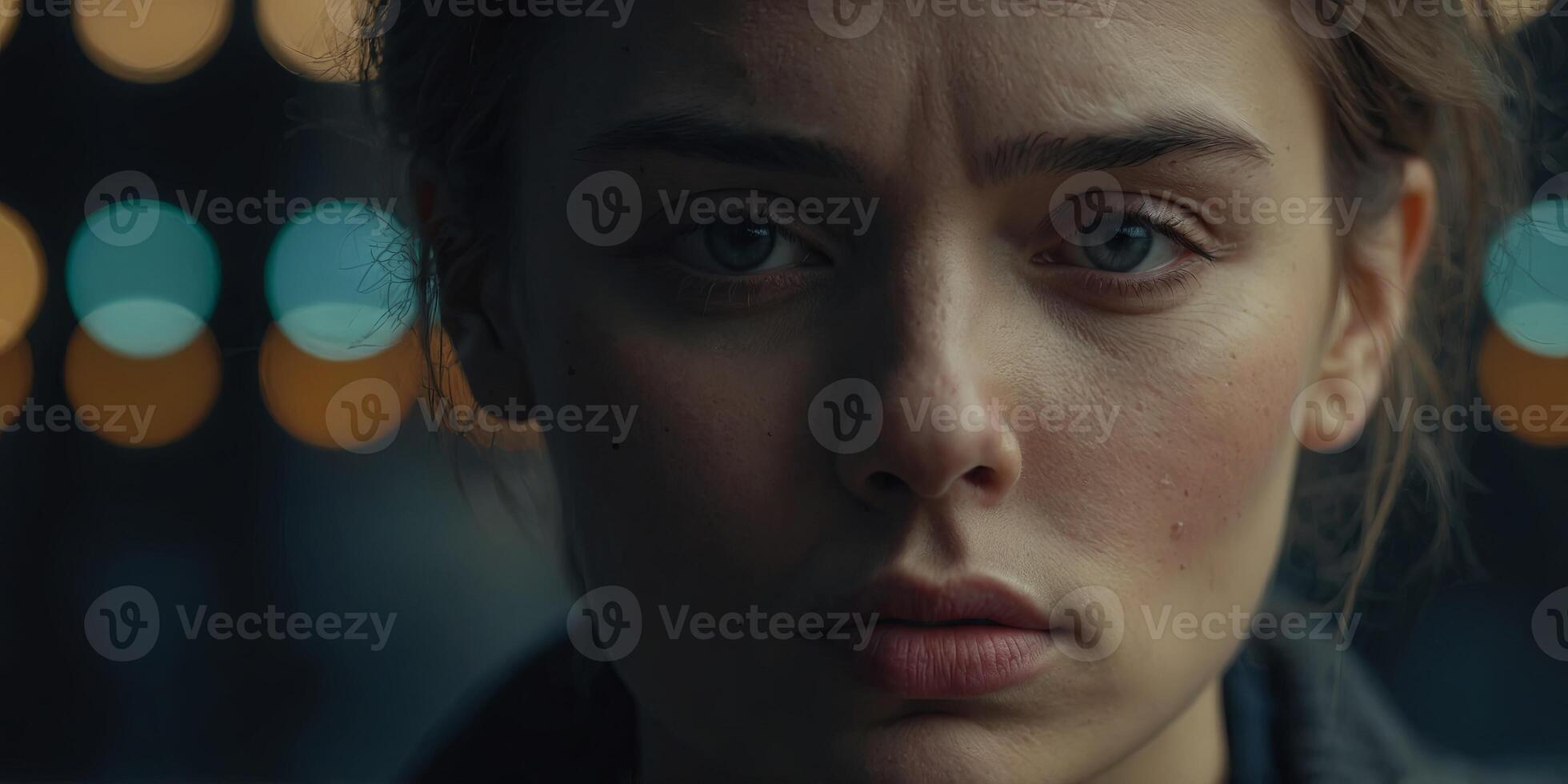 A closeup of a persons face with a sad expression, eyes downcast and lips slightly frowning The background is softly blurred, emphasizing the emotion of sadness. photo