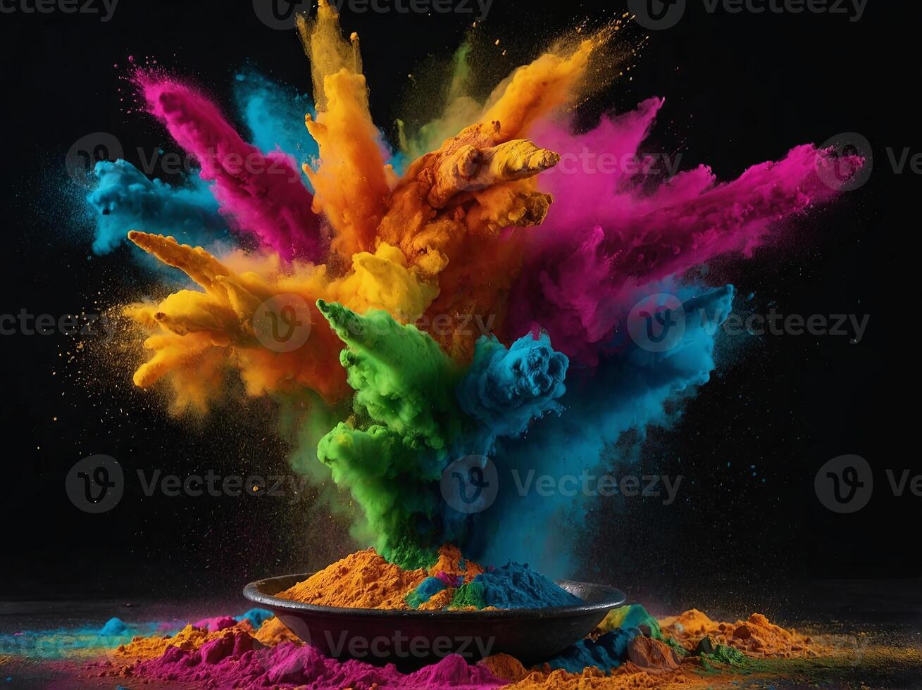 Colorful powder explode on black background happy holi day background. photo