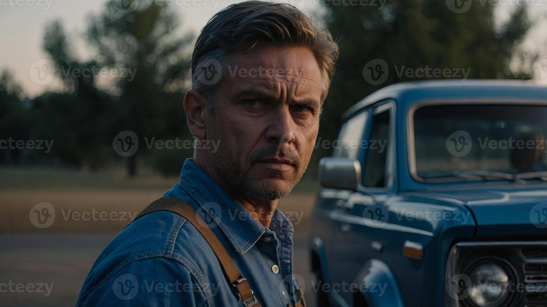 A man in a blue shirt and overalls stands in front of a vehicle He looks serious and focused. photo