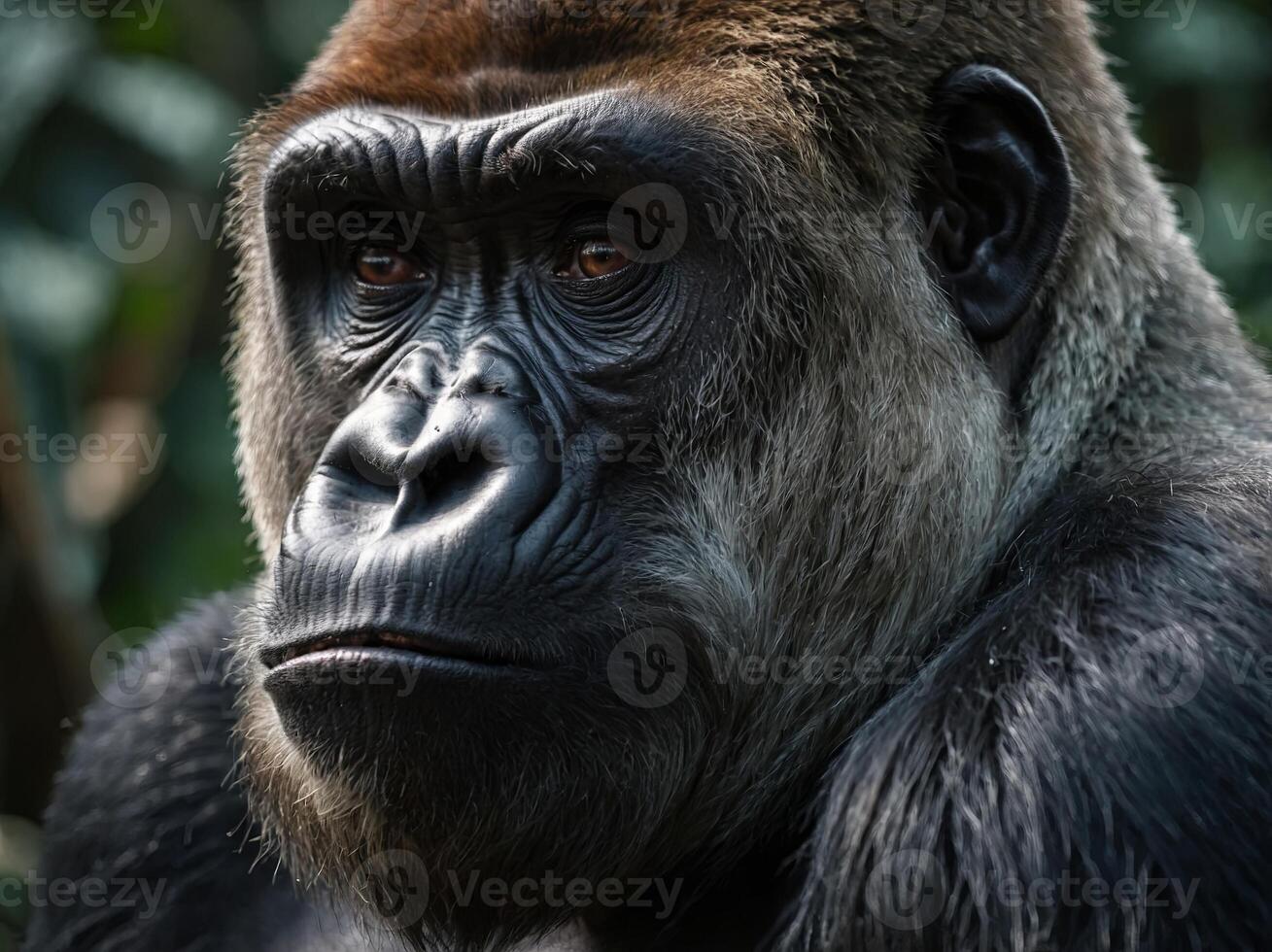 A gorilla with an angry expression looking to his right. photo