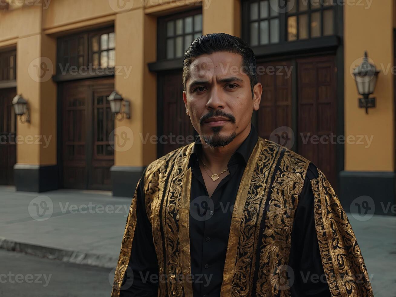 A Hispanic man wearing a black and gold outfit stands in front of a building. photo