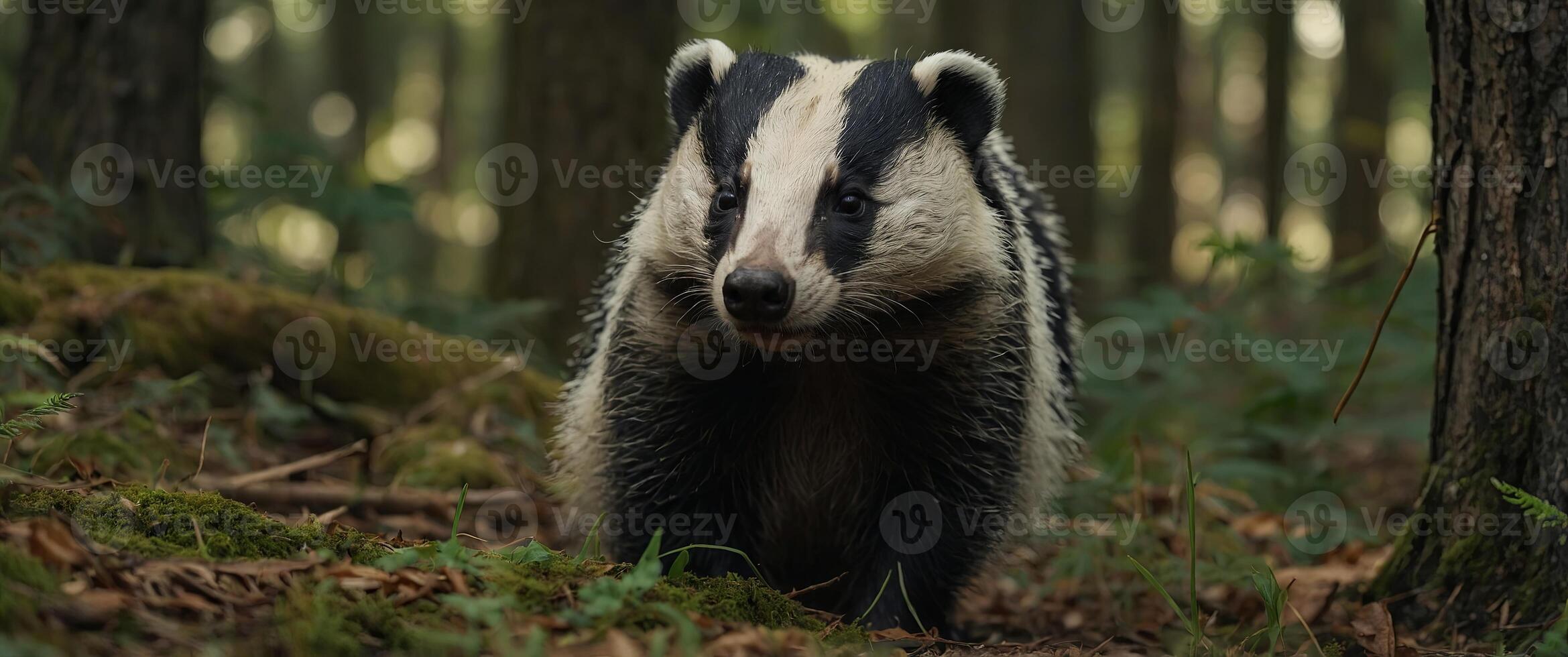 Badger sniffing in forest, animal nature habitat, Czech Meles meles. photo