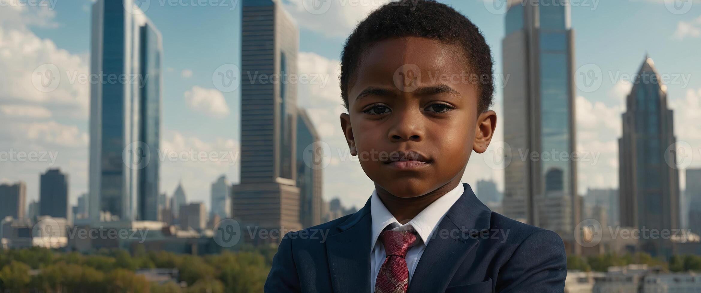 A confident young African American boy in a suit stands with arms crossed, embodying future leadership and potential The poised child, donned in formal attire,. photo