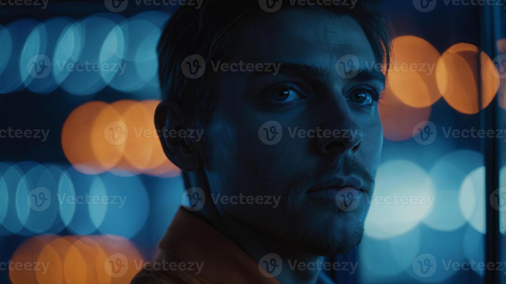 A close-up of a persons face seen through a window with blue and orange lights. photo