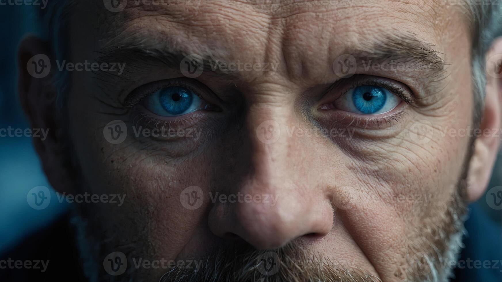 A close-up view of a man with striking blue eyes, A man with a weathered face and wise eyes. photo