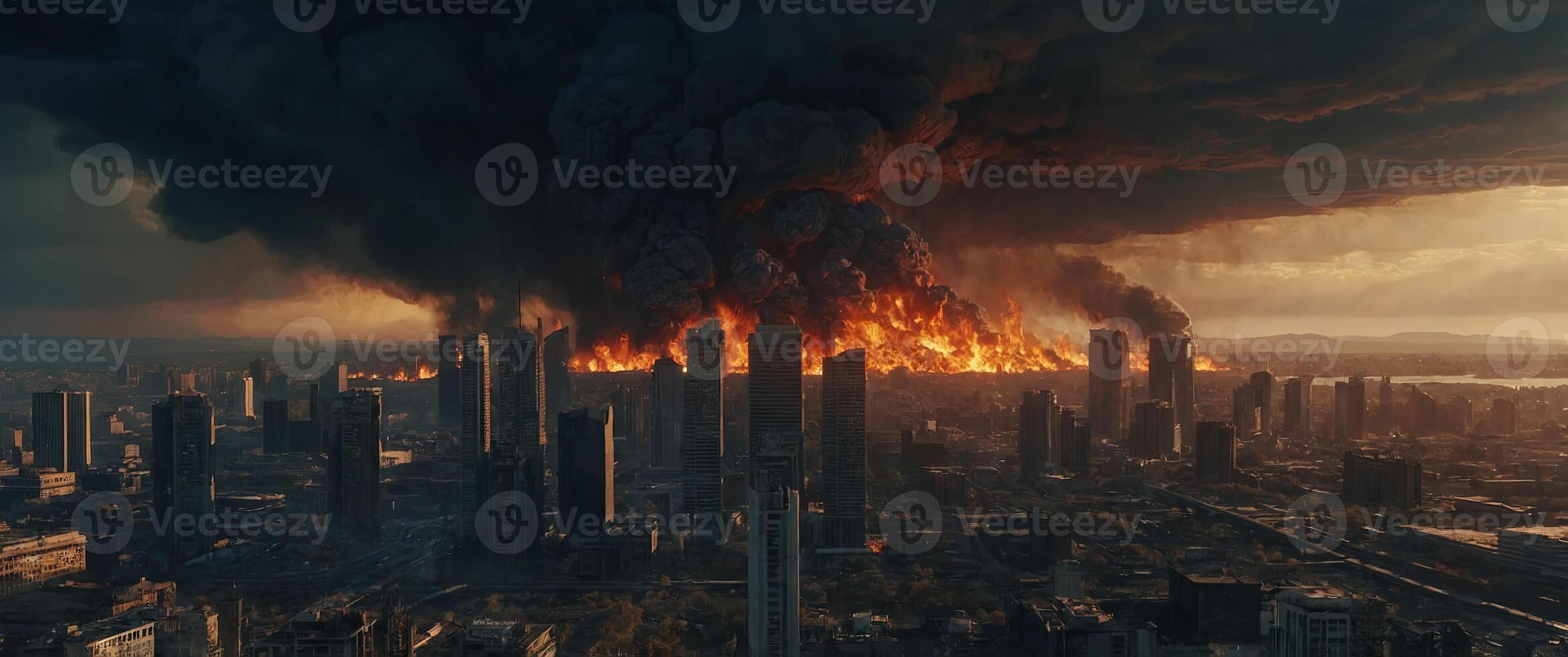 apocalyptic city skyline consumed by fire end of the world concept art. photo