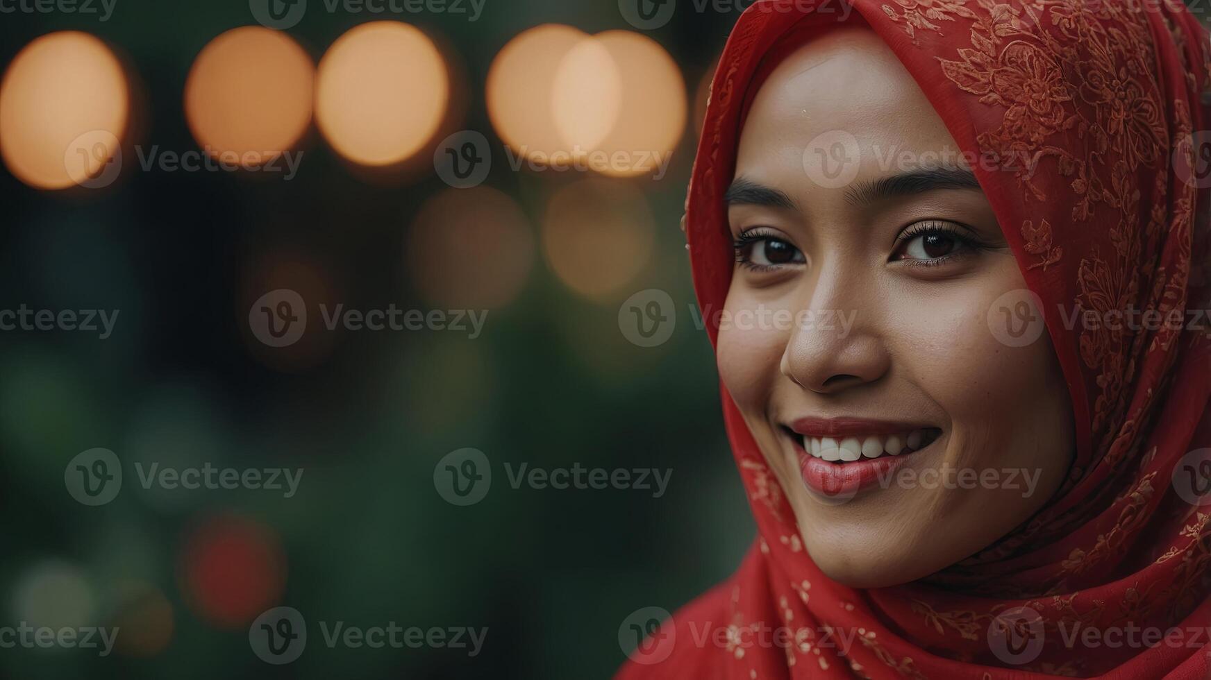 A beautiful Indonesian model smiles softly, wearing a vibrant red hijab. photo