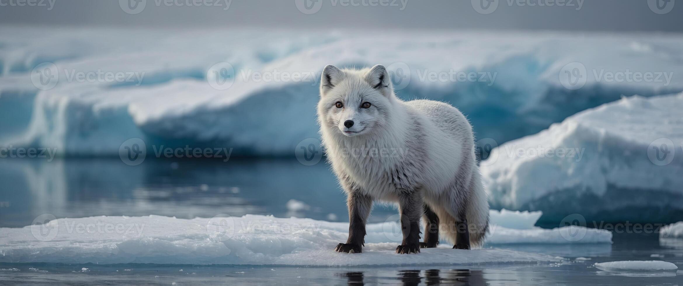 arctic fox stand on ice floe in winter landscape. photo
