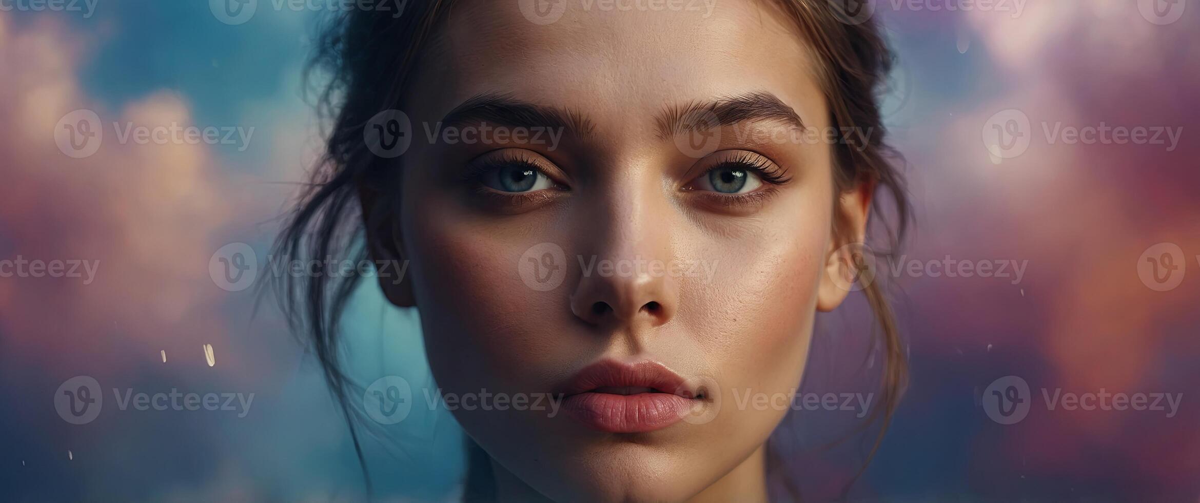 a female face and abstract color background with clouds. photo