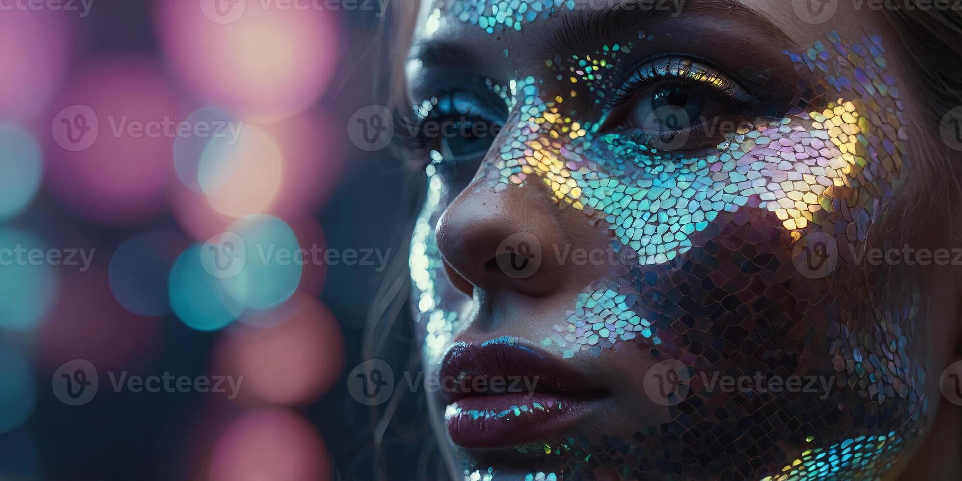 A close up of a woman's face with shiny makeup Futuristic hologram iridescent glowing face lips and eyes. photo