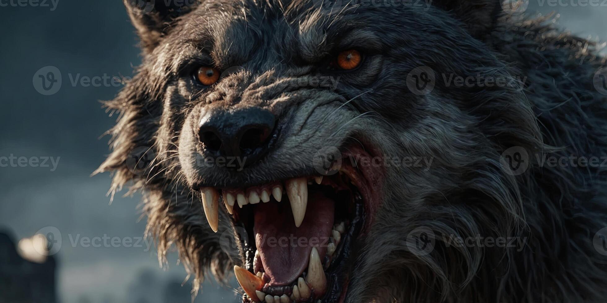 angry looking werewolf banner sharp teeth sharp fangs. photo
