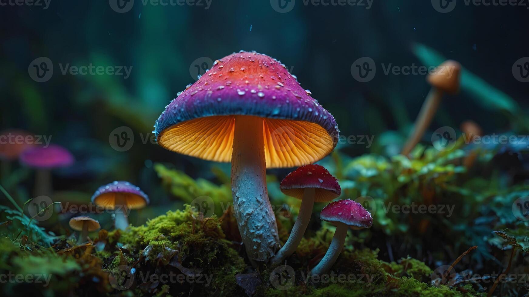 beautiful fantasy psychedelic and colorful mushrooms. photo