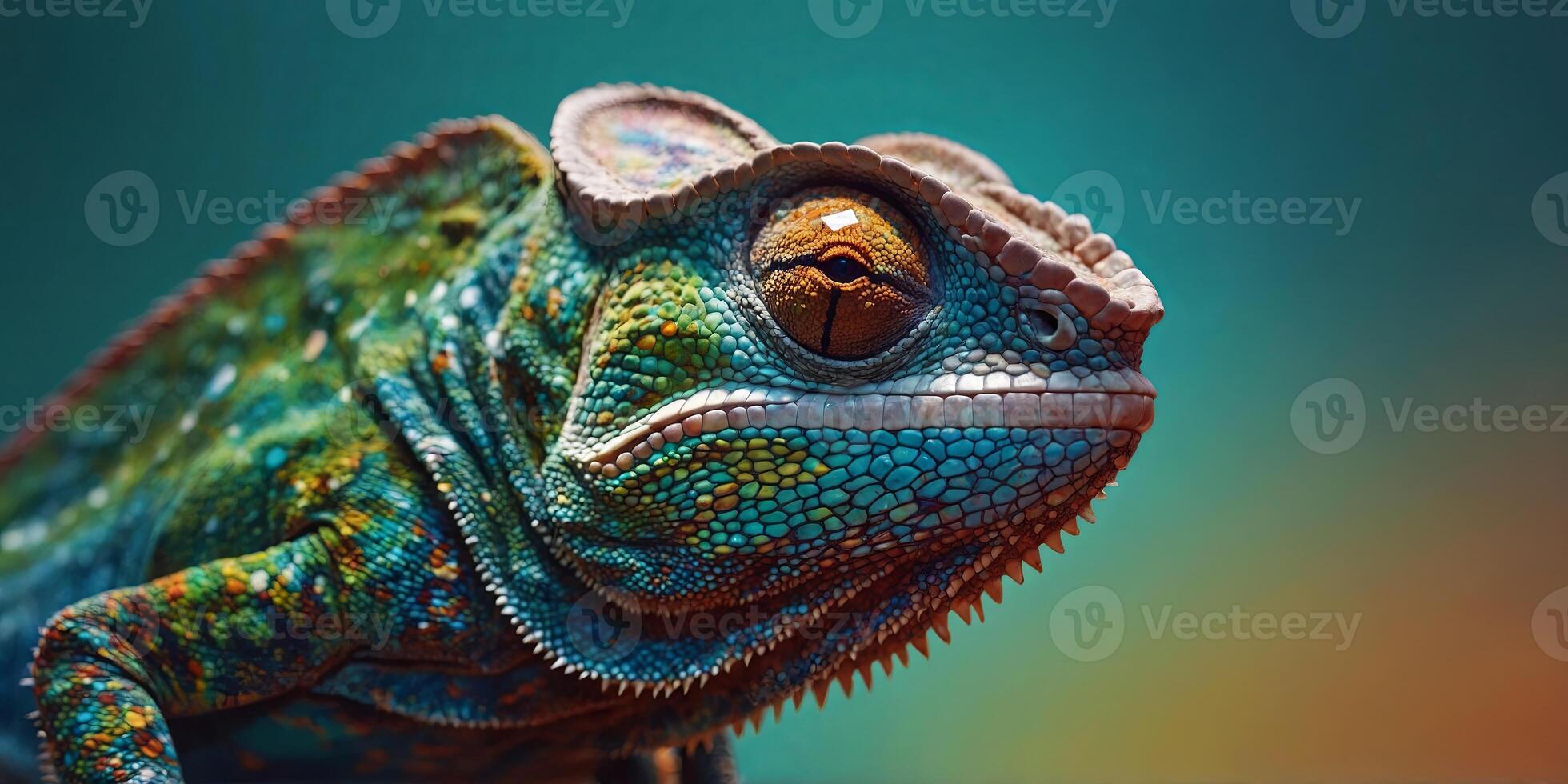 A chameleon wearing sunglasses on a solid color background, modern art, digital art, faceted, minimal, abstract, panorama background Stock art. photo