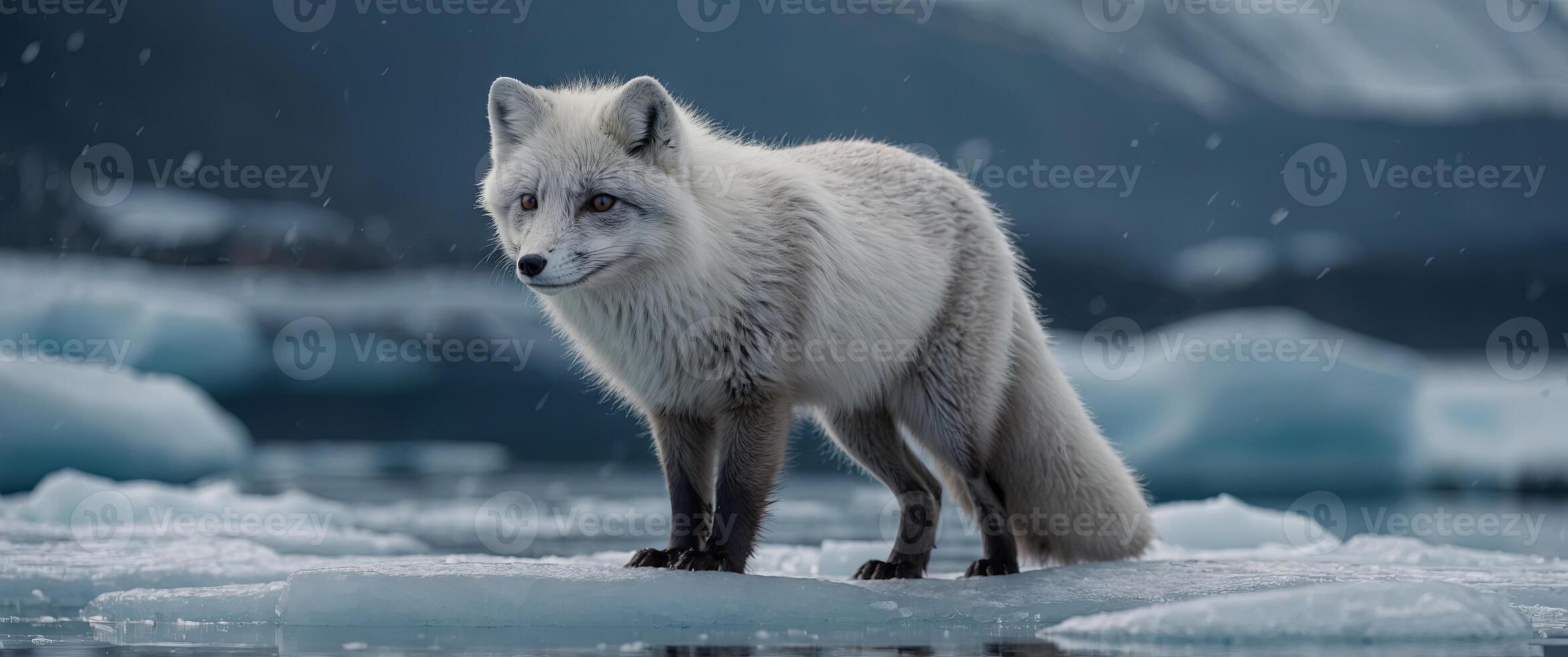 arctic fox stand on ice floe in winter landscape. photo