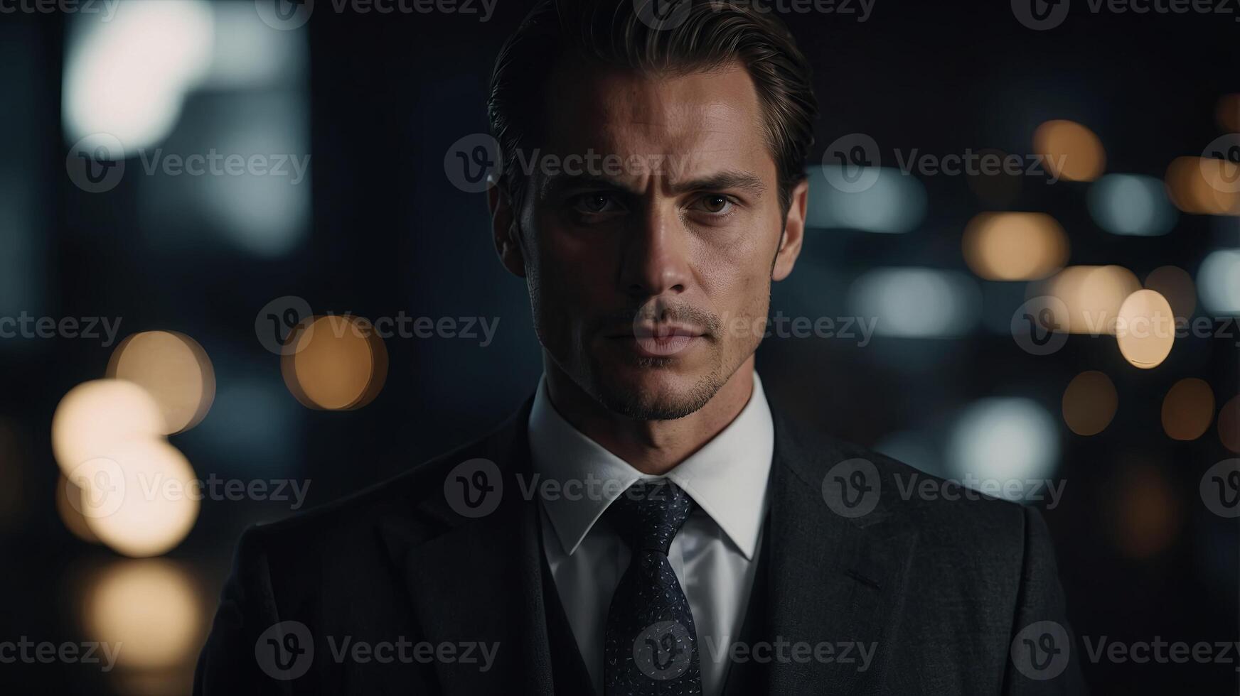 a man is in a suit and tie, dark white and dark black,. photo