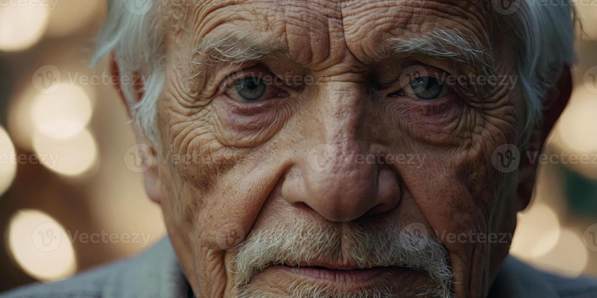 A captivating close-up of an elderly man's wrinkled face, reflecting years of life and wisdom. photo