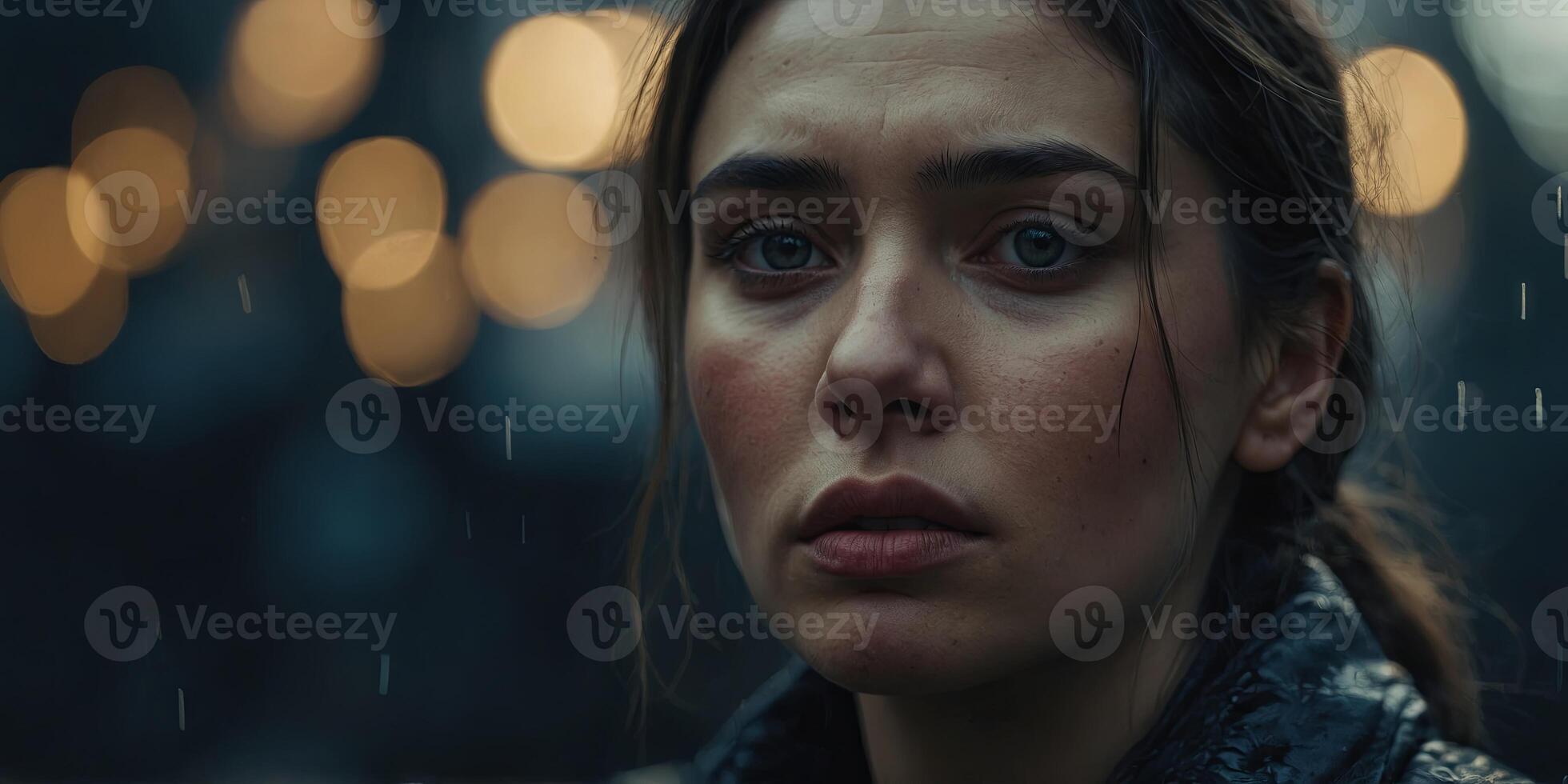 A look of sadness etched on a face, the eyes downcast and the lips turned down. photo