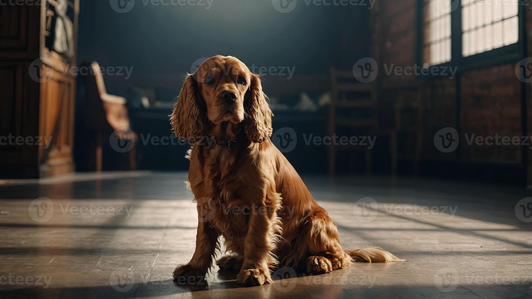 American Cocker Spaniel sitting on the floor. photo