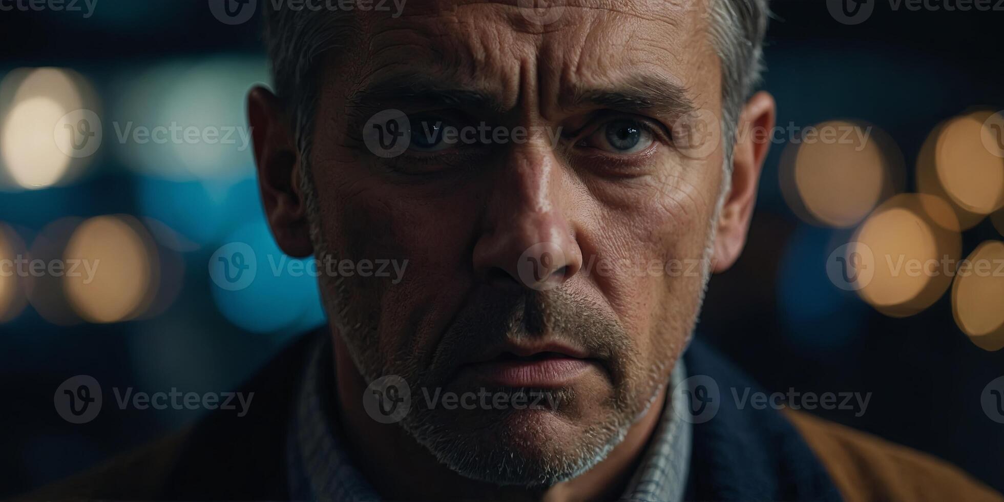 A close-up of a man with a concerned expression, wide eyes, and furrowed brows, evoking a sense of worry or confusion under dramatic lighting. photo
