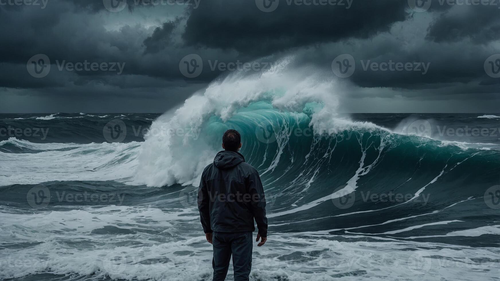 A man standing front of Dramatic Ocean Wave Under Stormy Sky, formidable, towering wave crests powerfully under a brooding, stormy sky, encapsulating the raw power and beauty of the sea. photo