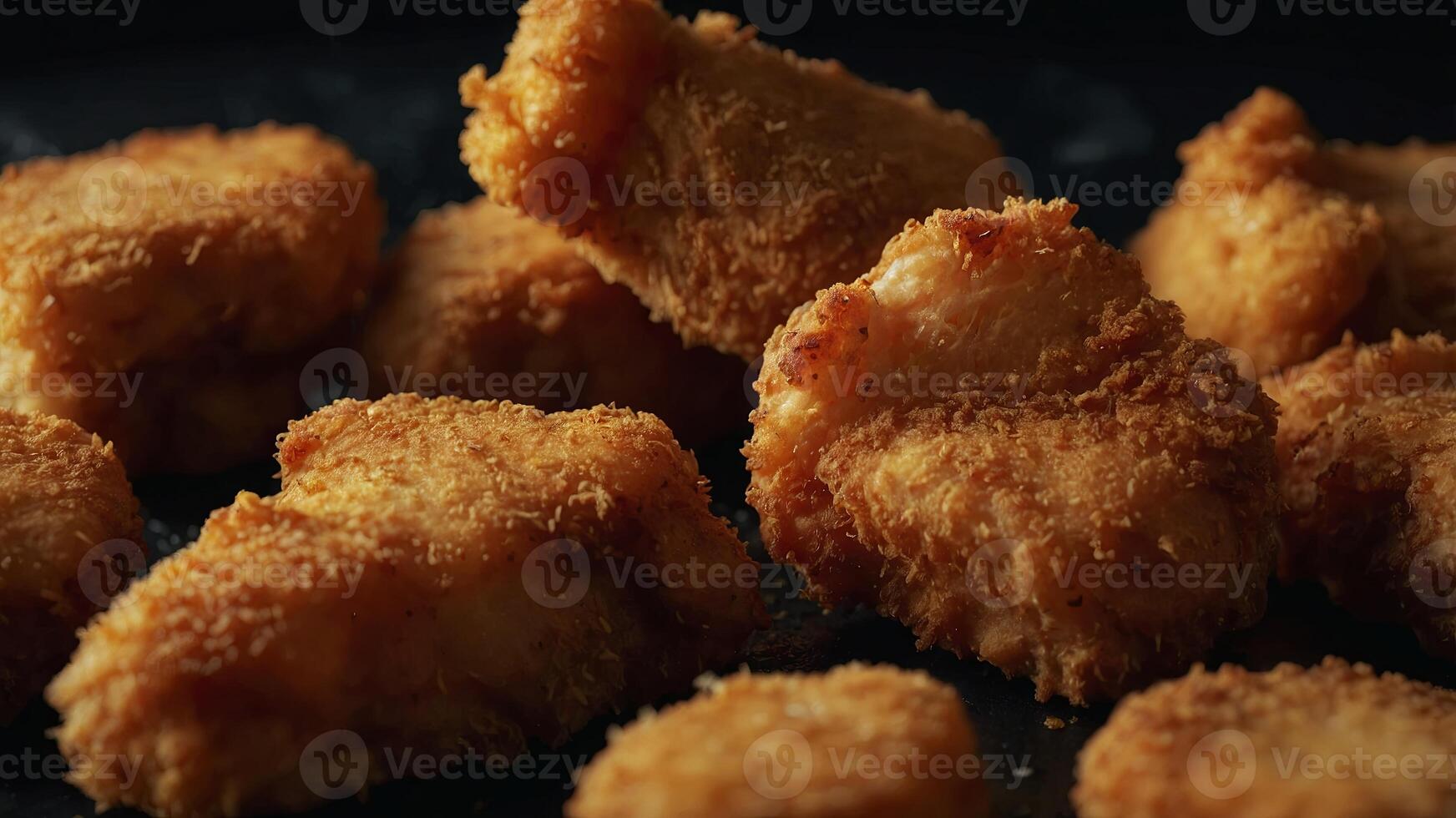 Close up freshly fried boneless chicken nuggets with black background. photo