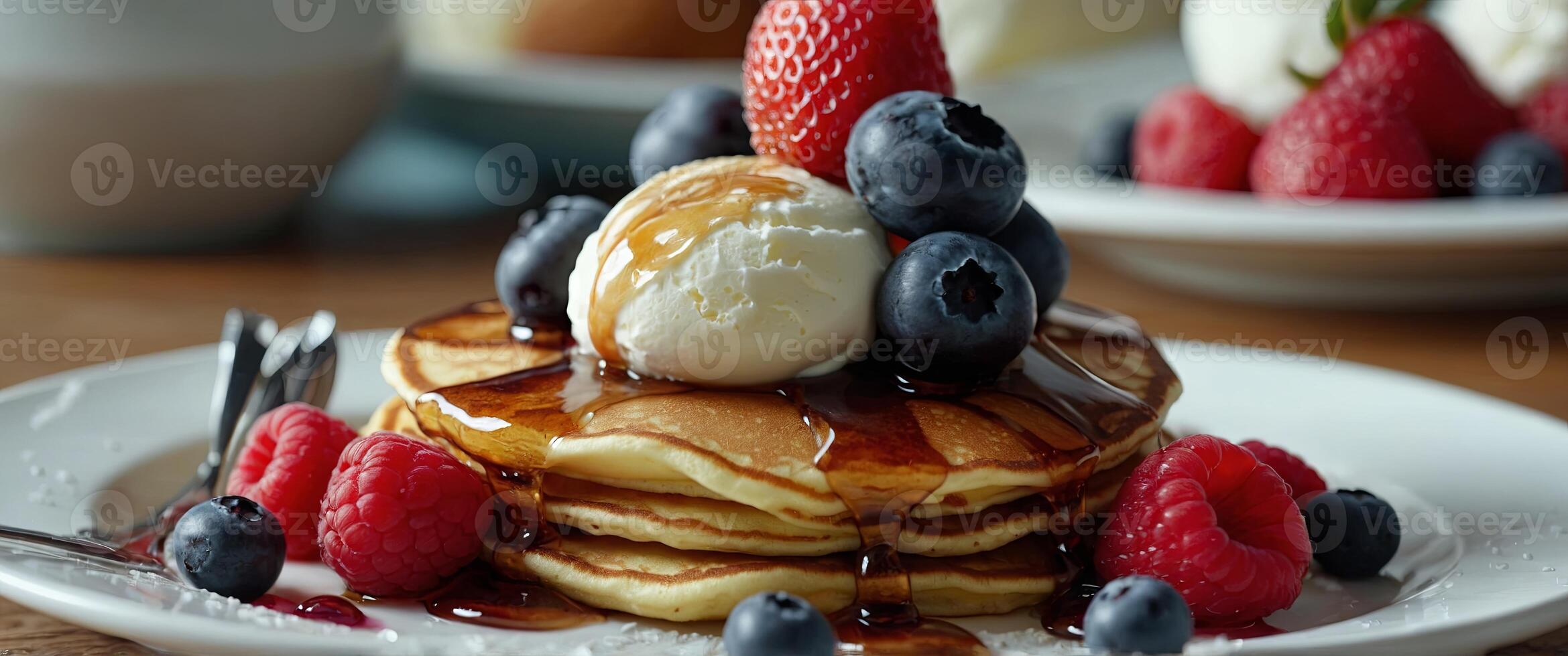 Close up of pancake stack with berries and ice cream. photo