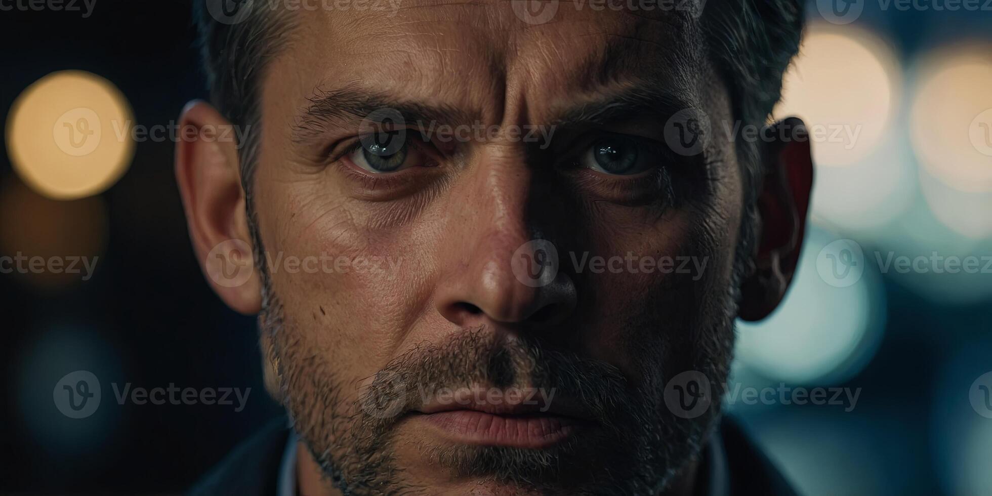 A close-up of a man with a concerned expression, wide eyes, and furrowed brows, evoking a sense of worry or confusion under dramatic lighting. photo