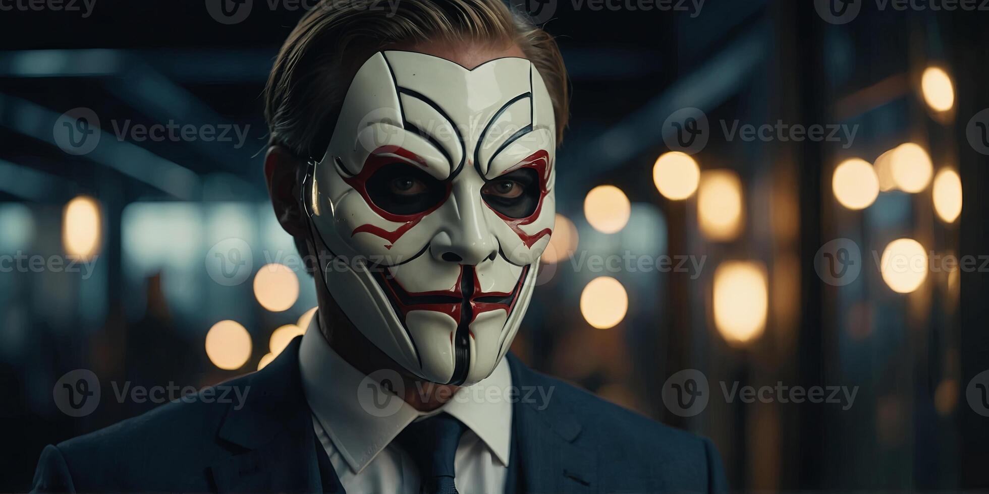 A man in a suit and mask with a creepy look on his face. photo
