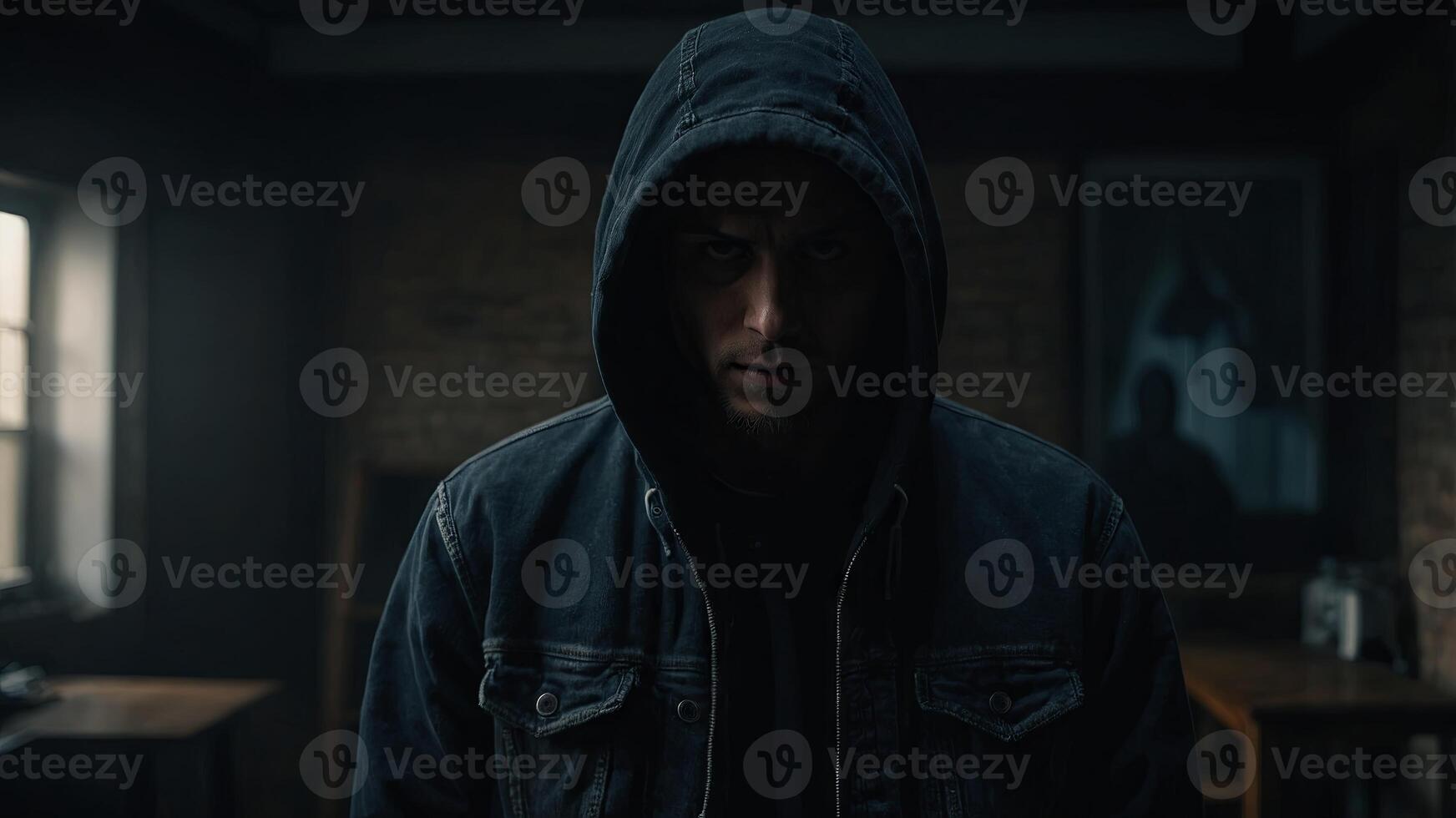 A dark figure stands alone in a dimly lit room The figure is wearing a black hoodie and jeans, and their face is obscured by the shadows. photo