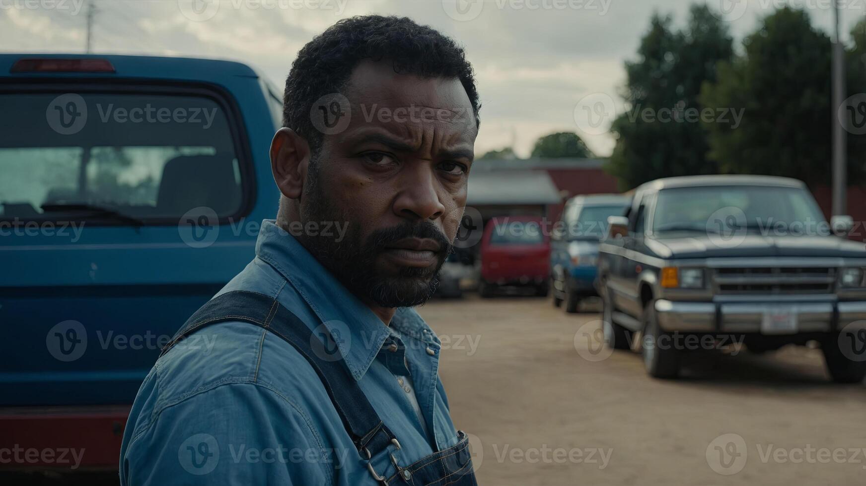 A man in a blue shirt and overalls stands in front of a vehicle He looks serious and focused. photo