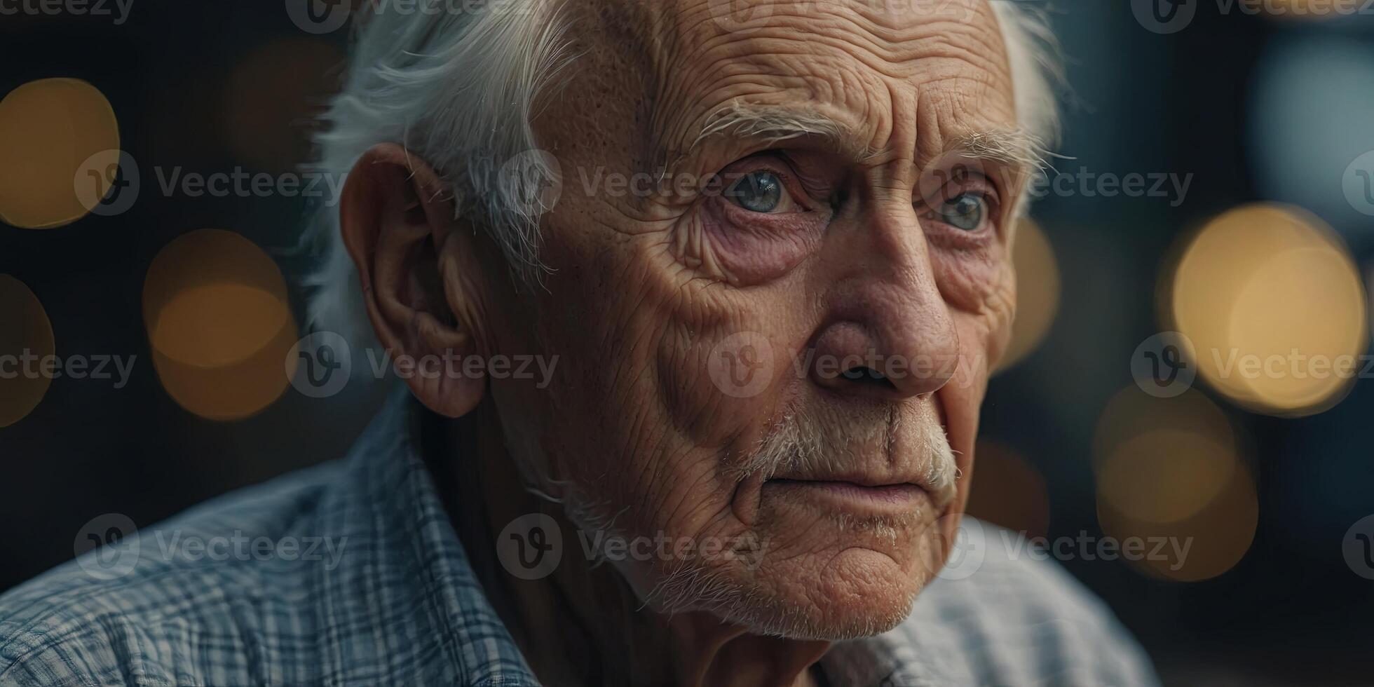 A close-up of an elderly man's deeply lined face and expressive eyes, revealing a life filled with wisdom and experiences. photo