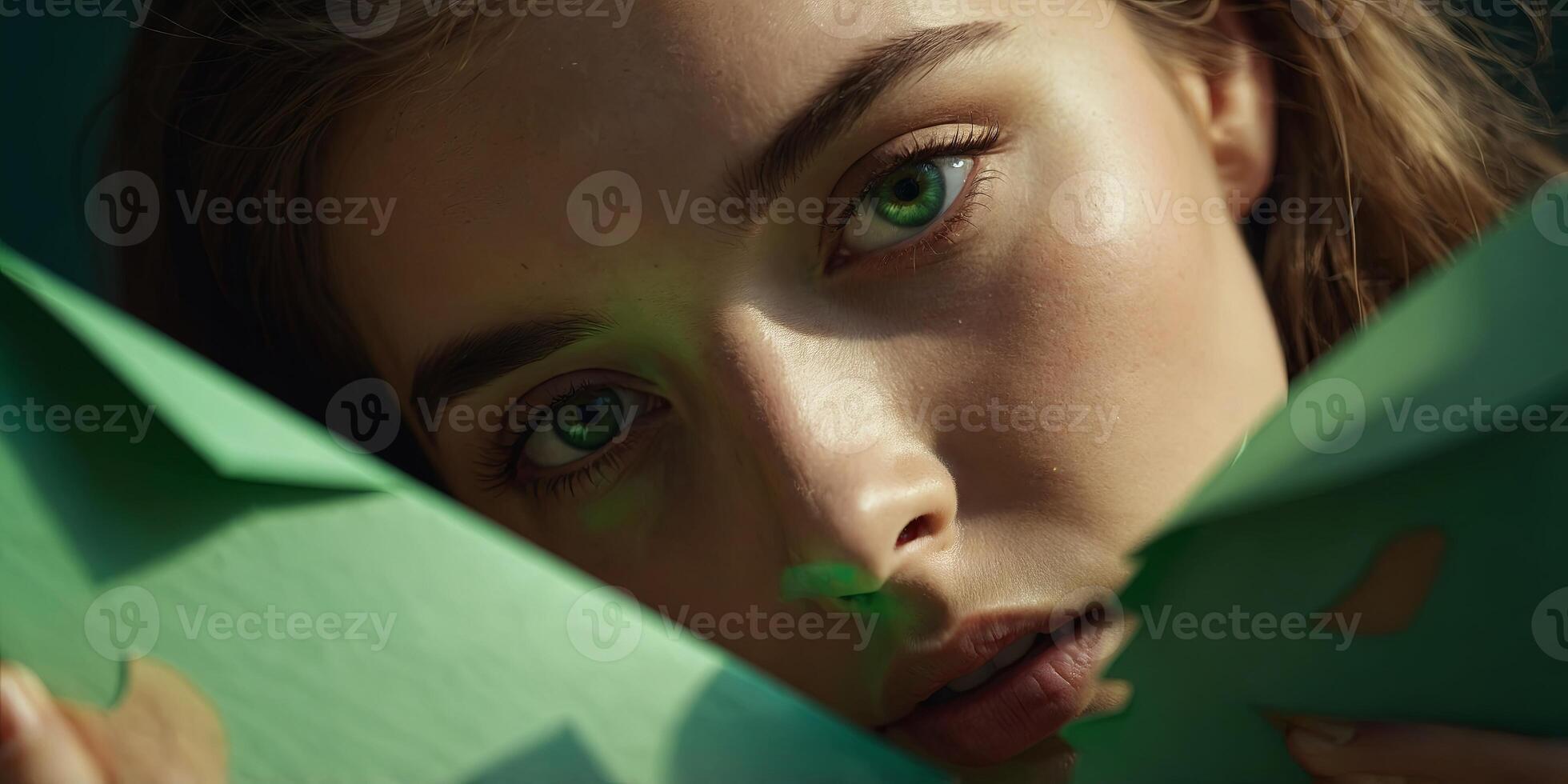 A girl with beautiful green bright eyes with brown shadows and expressive eyebrows looks into the hole of colored paper. photo