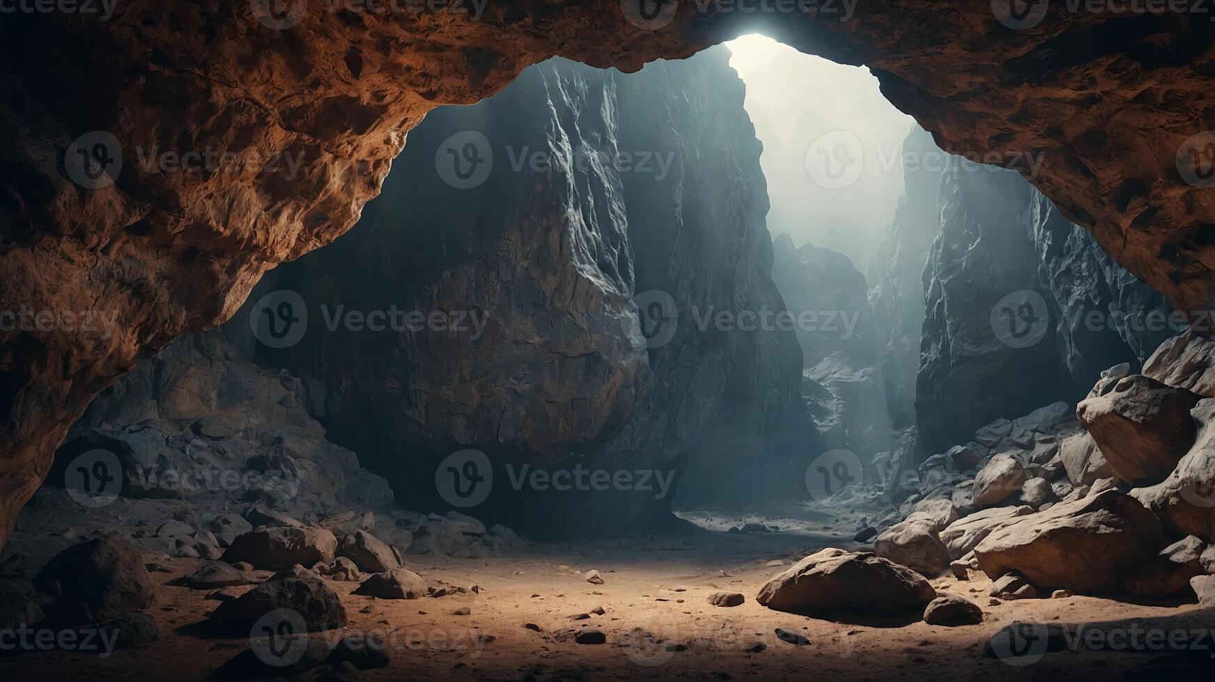 Barren canyon walls Smokey hot fantasy cave Large stone cave. photo